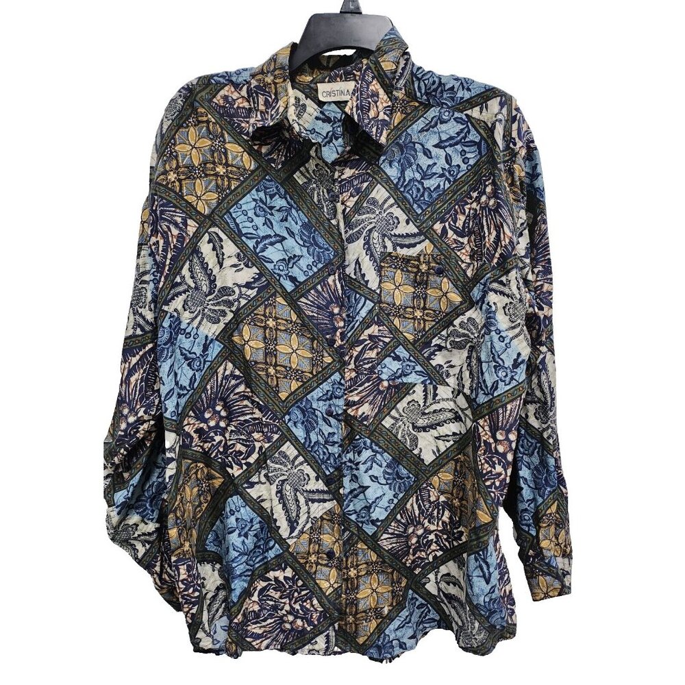 Vintage Cristina Womens Silk Blouse Top Medium Blue Beige Floral Long Sleeve